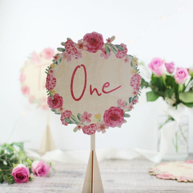 Floral Wreath Wedding Table Number, Wood