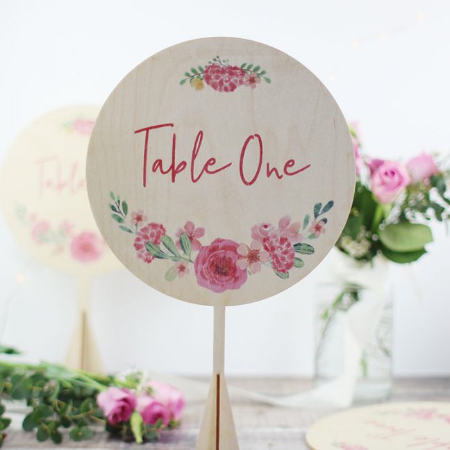 Round Floral Wreath Wedding Table Number, Wood