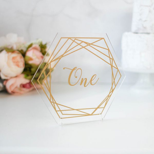 Gold Table Number, Clear Acrylic Hexagon, Geometric
