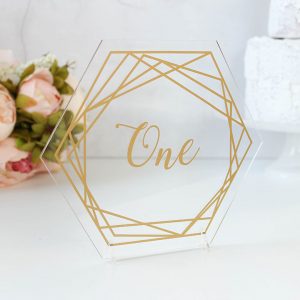 Gold Table Number, Clear Acrylic Hexagon, Geometric