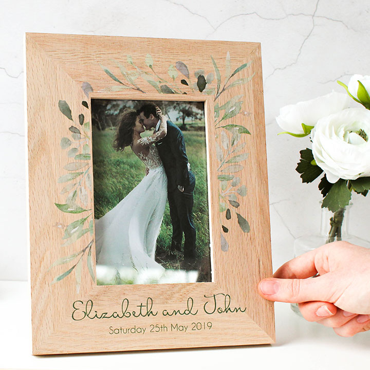 Oak Photo Frame, Personalised Botanical Wedding