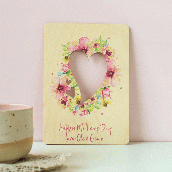 Wooden Mothers Day Card With Pink Flower Design
