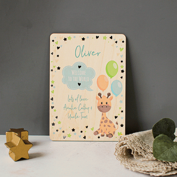 Personalised Wooden Card For New Baby In Blue