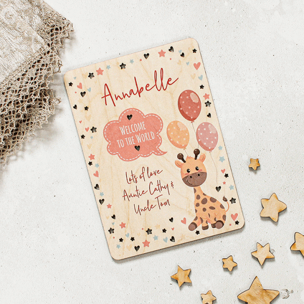 Personalised Wooden Card For New Baby In Pink