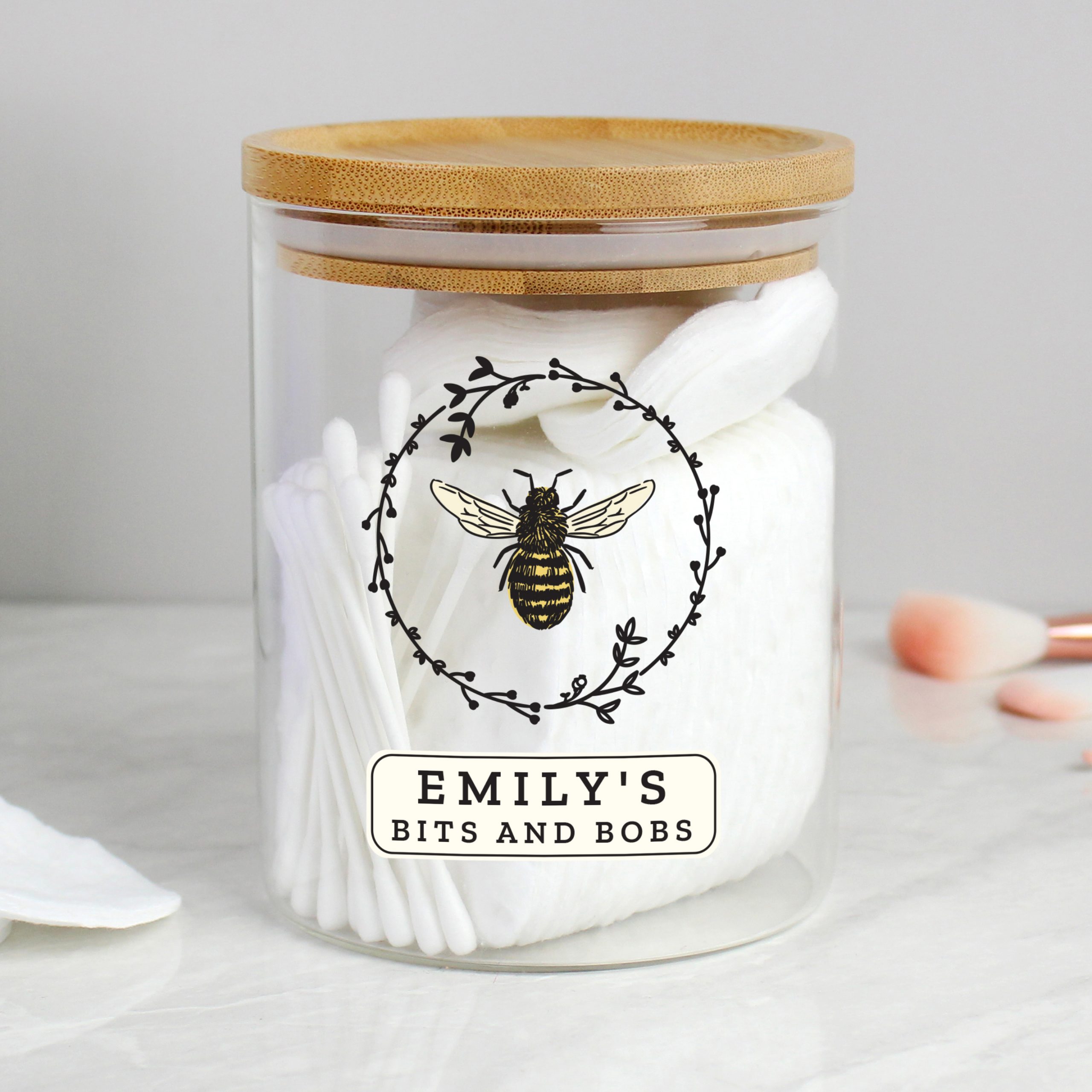 Personalised Glass Jar With Bamboo Lid, Bee Design PMCP1007D77