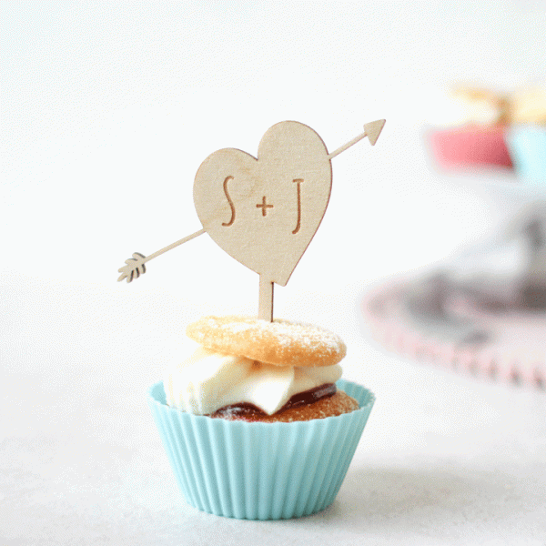 Personalised Heart Wooden Cupcake Topper With Initials RFTB040