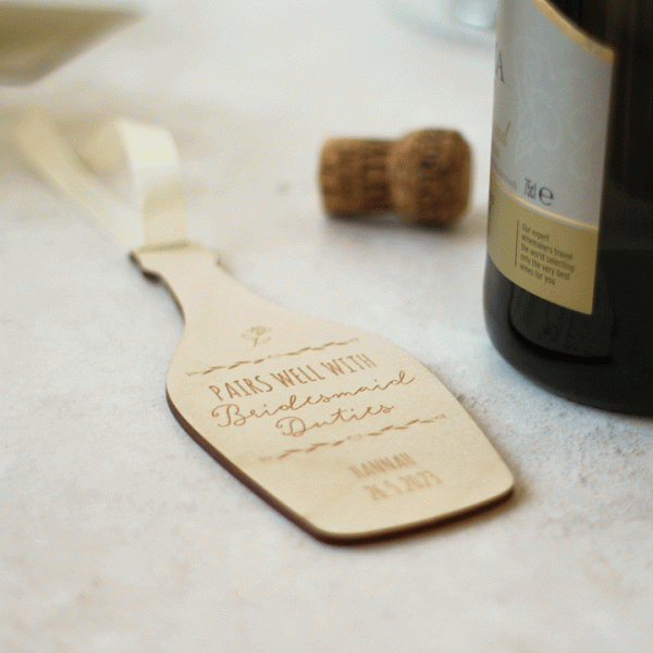 Personalised Bridesmaid Gift Tag, Bottle In Wood RFPDE007