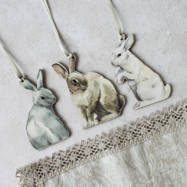 Wooden Bunny Decorations, Set Of Three