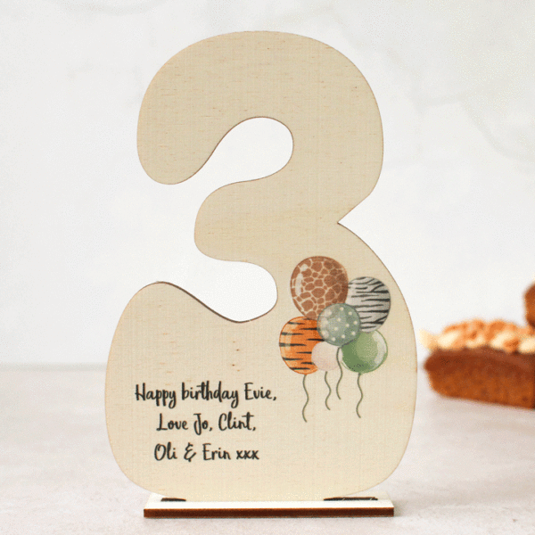 Personalised Number Card, Animal Print Balloons